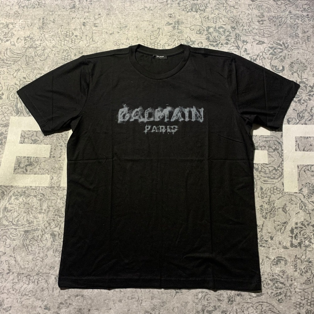 Balmain Paris Logo T-Shirt XXL Black Smoky Graphic Distressed Made in Portugal